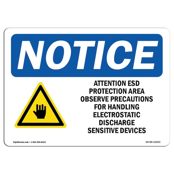 OSHA Notice Sign, 7" Height, Aluminum, Attention ESD Protected Area Sign With Symbol, Landscape